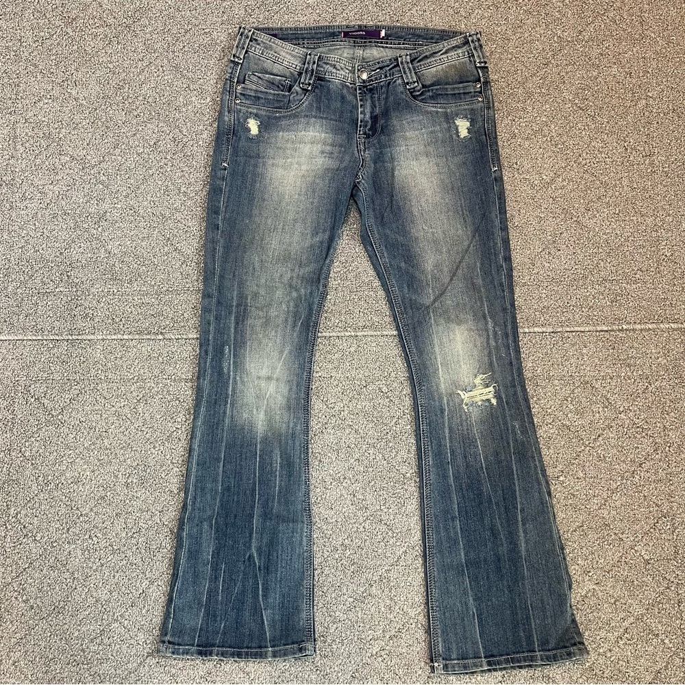 Vigoss Boot Distressed Faded Jeans Womens 7 Blue Western Studded Embroidered